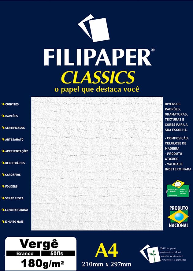 Papel Verge Branco A4 180g C/ 50 Folhas Filiperson